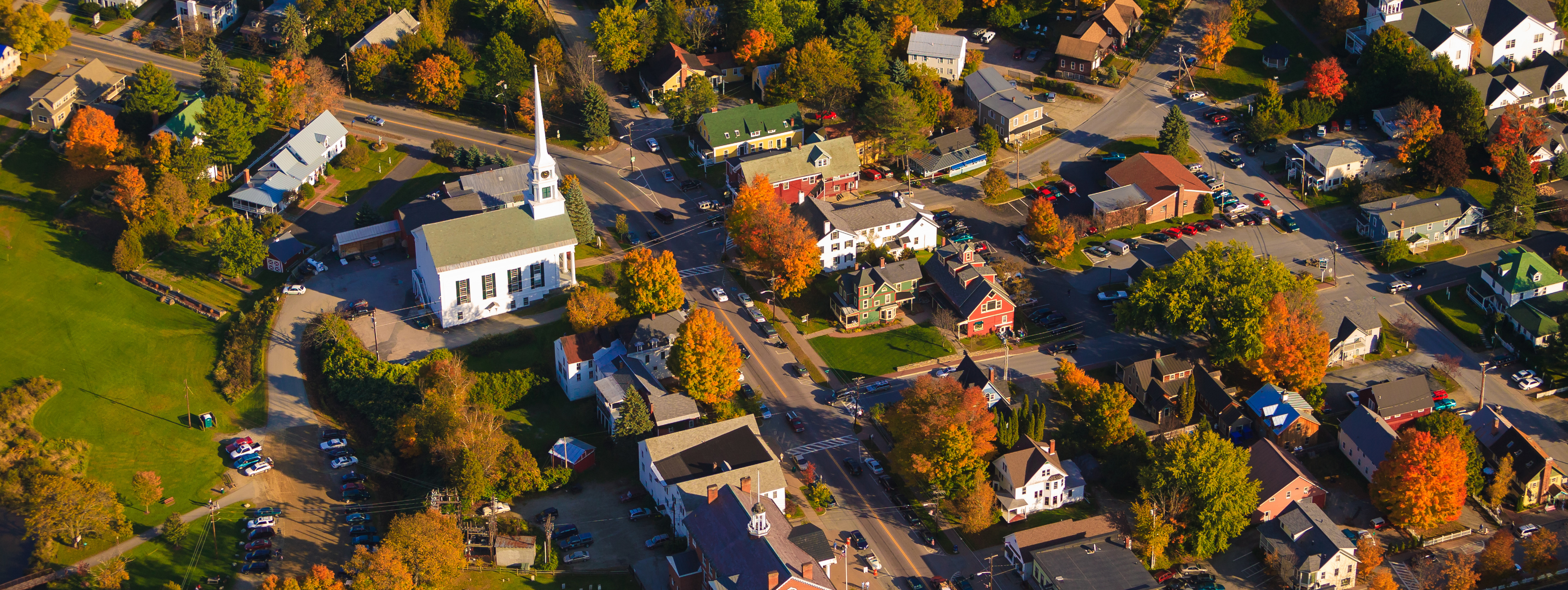 Aerial view of rural Vermont town.