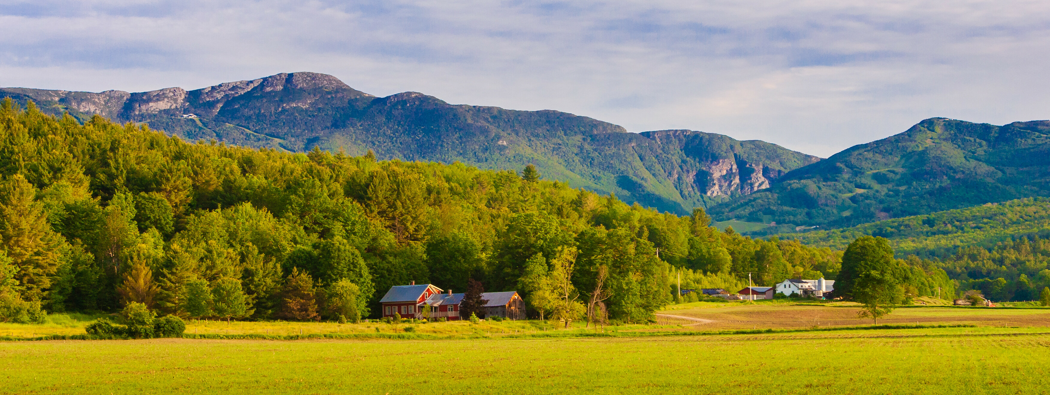 Farm landscape with Mt. Mansfield in the background in Stowe, Vermont.