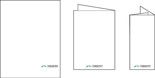 Examples of where the Moon Over Mountains logo should be placed. For an 8.5"x11" sheet of paper it should be placed in the bottom right corner. For a half-fold or trifold brochure it should be placed in the bottom center.