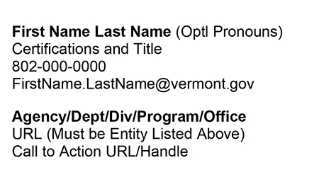 Back of the State of Vermont business card template for State of Vermont employees.