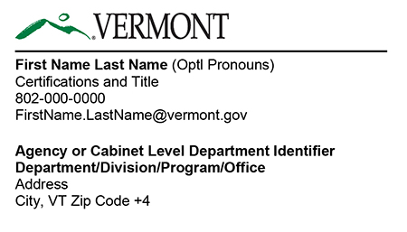 Front of State of Vermont business card template for State of Vermont employees.