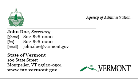 State of Vermont Business Card Option A: Coat of Arms at the Top with Moon Over Mountains at the Bottom.