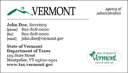 State of Vermont Business Card Option C: Moon Over Mountains at the Top with Approved Agency/Department Logo at the Bottom in PMS 356 or Black