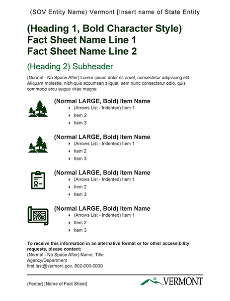 State of Vermont One Page Fact Sheet Template without Photos