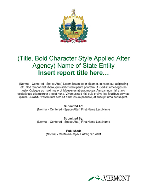State of Vermont Report Template with Coat of Arms Cover Page
